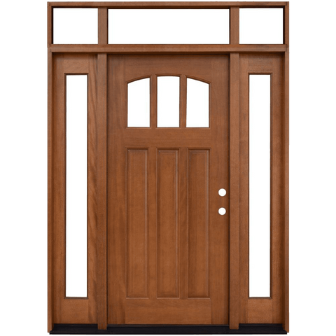 Craftsman 3 Lite Arch Stained Mahogany Wood Prehung Front Door with Sidelites and Transom