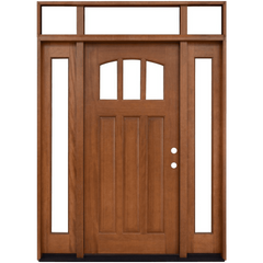 Craftsman 3 Lite Arch Stained Mahogany Wood Prehung Front Door with Sidelites and Transom