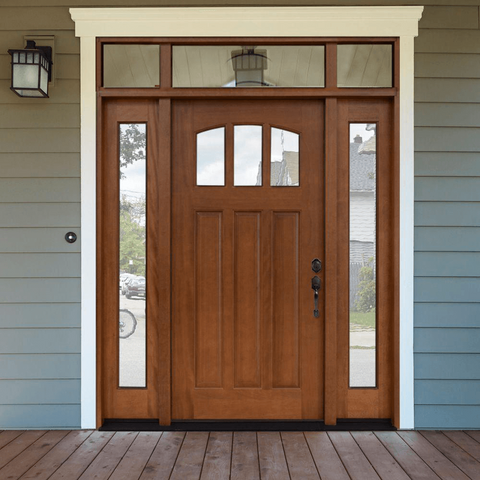 Craftsman 3 Lite Arch Stained Mahogany Wood Prehung Front Door with Sidelites and Transom